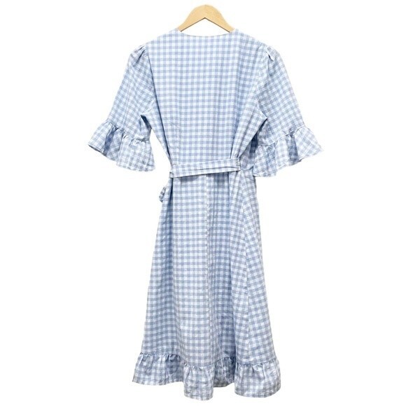Storia Blue Gingham Wrap Ruffled Knee Length Dress Women’s Size Small Dorothy - Picture 3 of 8